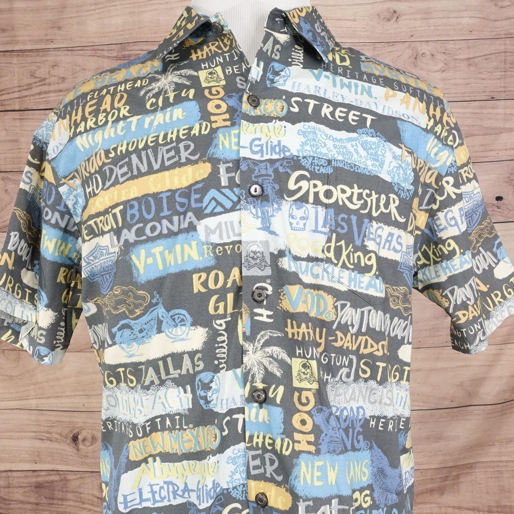 Harley-Davidson Shirt Mens L Gray Graphic Print Short Sleeve Button-Up‎ Hawaiian
